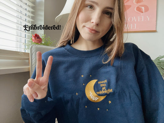 moon and stars embroidered crewneck sweatshirt, gift for space lover music lover, meet me at midnight, celestial moon embroidered pullover