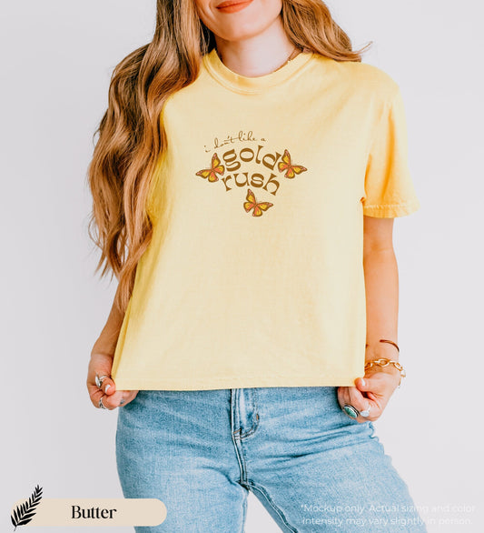 the gold rush comfort colors boxy crop t-shirt, groovy butterfly shirt gift