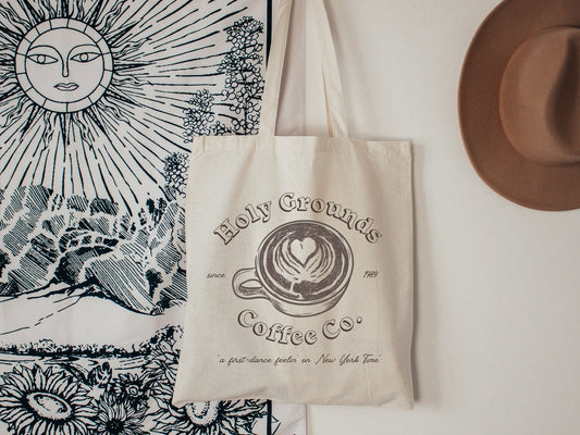 holy grounds coffee shop canvas tote