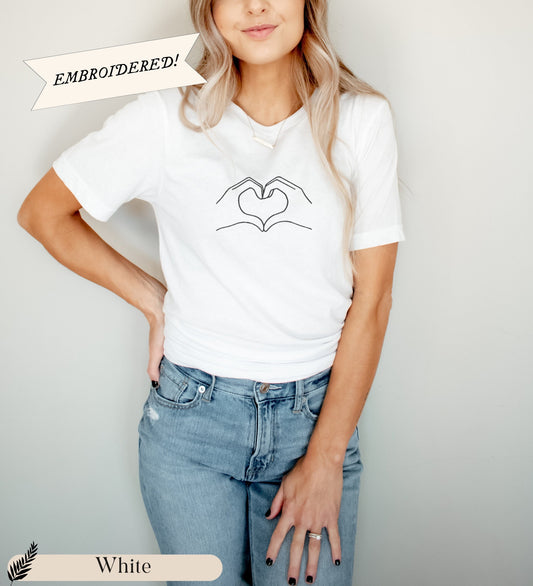 the heart hands embroidered bella + canvas t-shirt, minimal embroidery tee gift for bestie